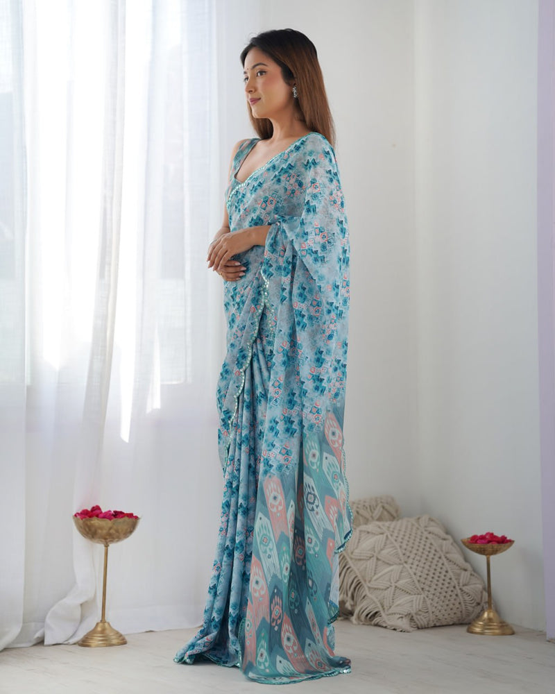 Beautiful And Amazing Chinnon Saree With Printed Blouse