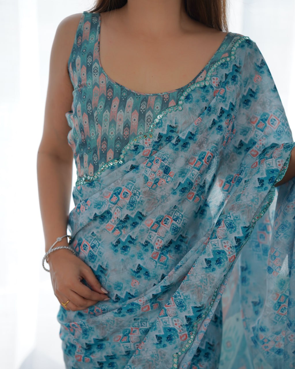 Beautiful And Amazing Chinnon Saree With Printed Blouse