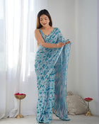 Beautiful And Amazing Chinnon Saree With Printed Blouse