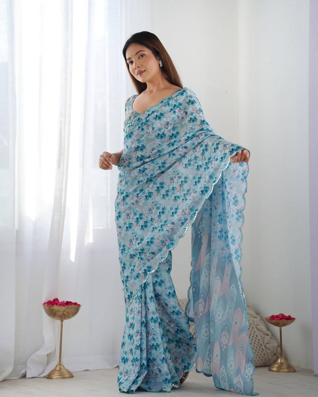 Beautiful And Amazing Chinnon Saree With Printed Blouse