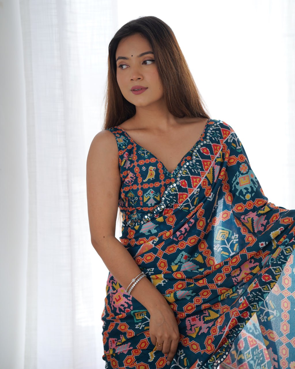 Beautiful And Amazing Chinnon Saree With Printed Blouse