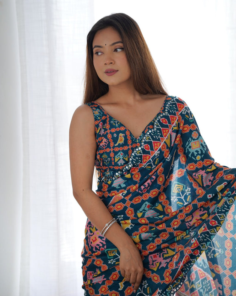 Beautiful And Amazing Chinnon Saree With Printed Blouse