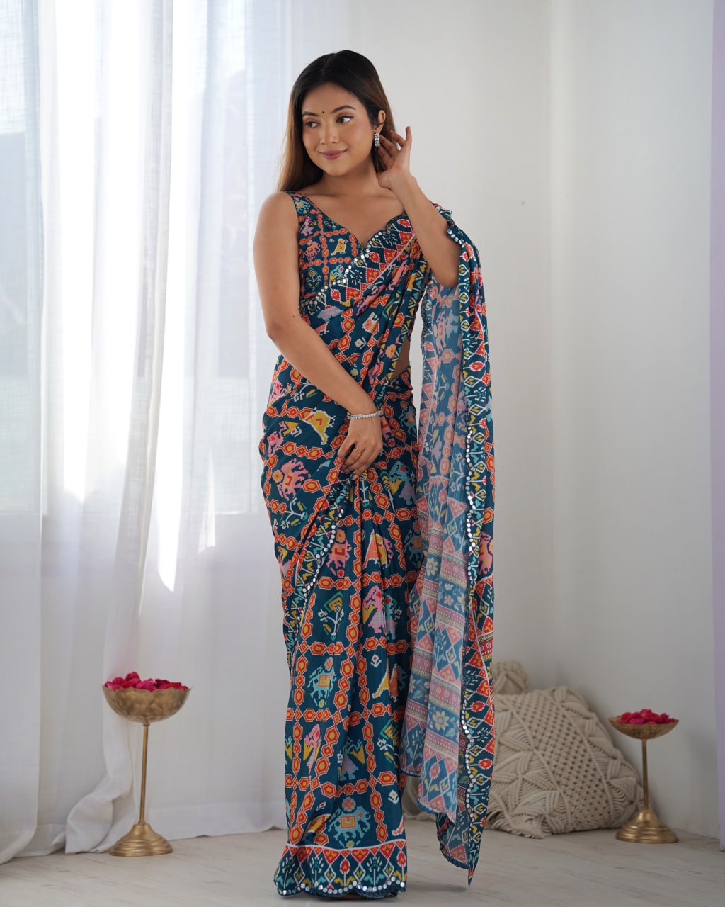 Beautiful And Amazing Chinnon Saree With Printed Blouse