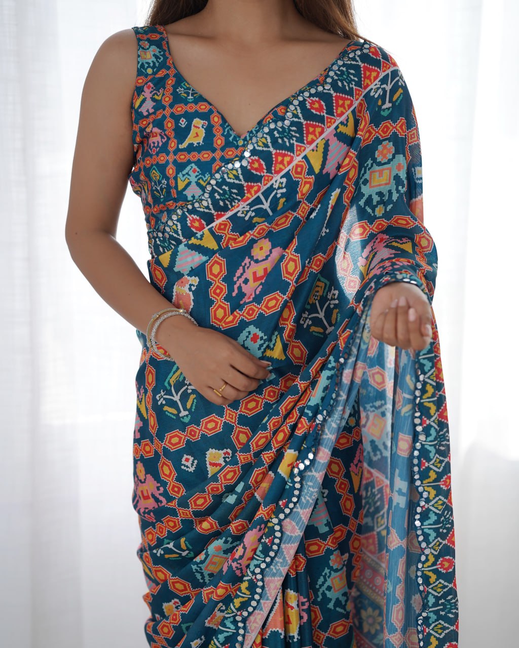 Beautiful And Amazing Chinnon Saree With Printed Blouse