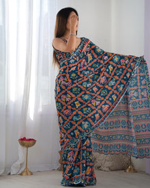 Beautiful And Amazing Chinnon Saree With Printed Blouse