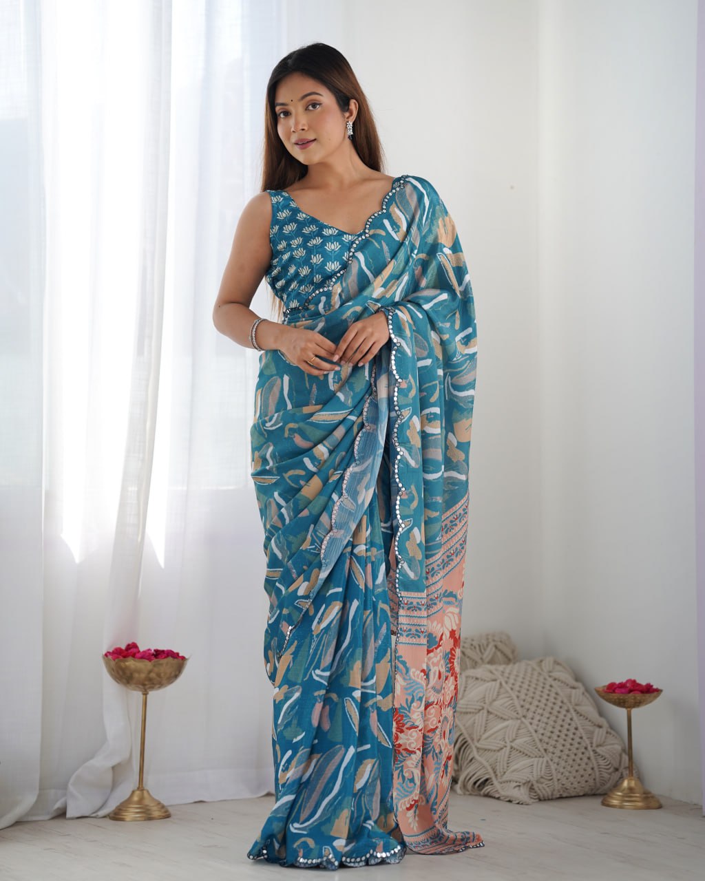 Most Amazing Chinnon Saree With Kutch Mirror Lace Border