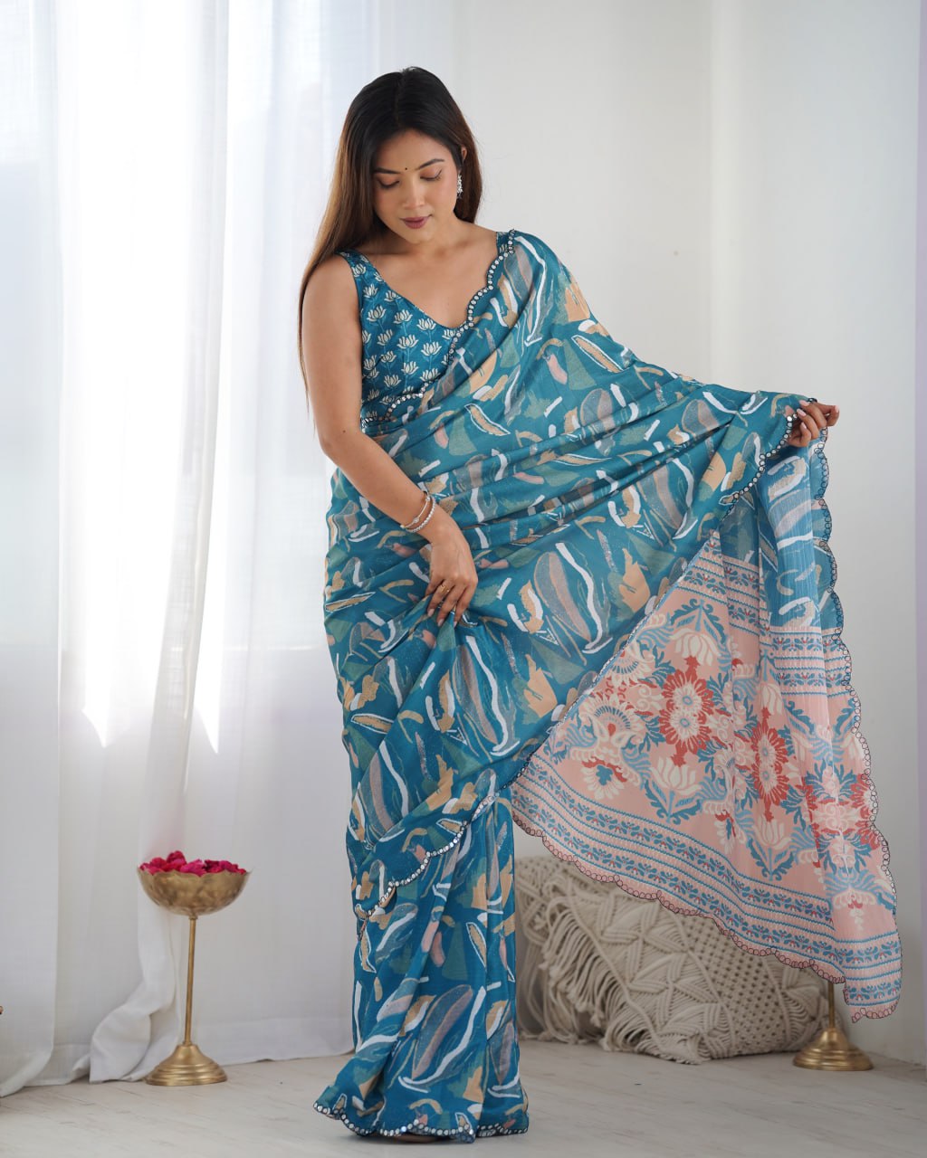 Most Amazing Chinnon Saree With Kutch Mirror Lace Border