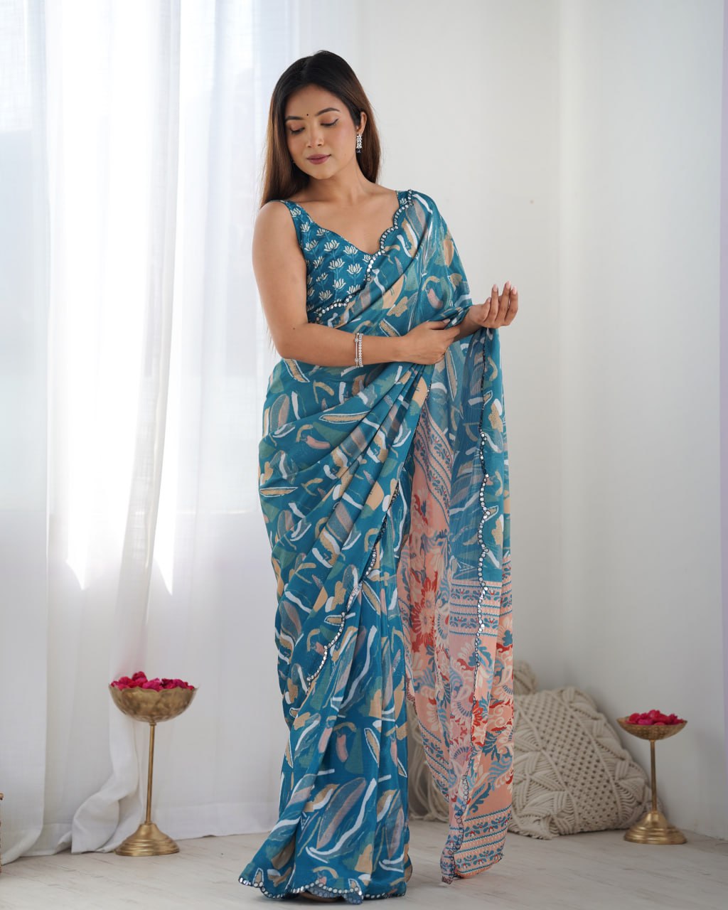 Most Amazing Chinnon Saree With Kutch Mirror Lace Border