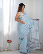 Amazing Heavy Chinnon Saree With Flowers Printed Design