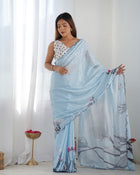 Amazing Heavy Chinnon Saree With Flowers Printed Design