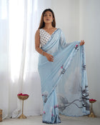 Amazing Heavy Chinnon Saree With Flowers Printed Design