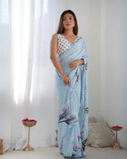 Amazing Heavy Chinnon Saree With Flowers Printed Design