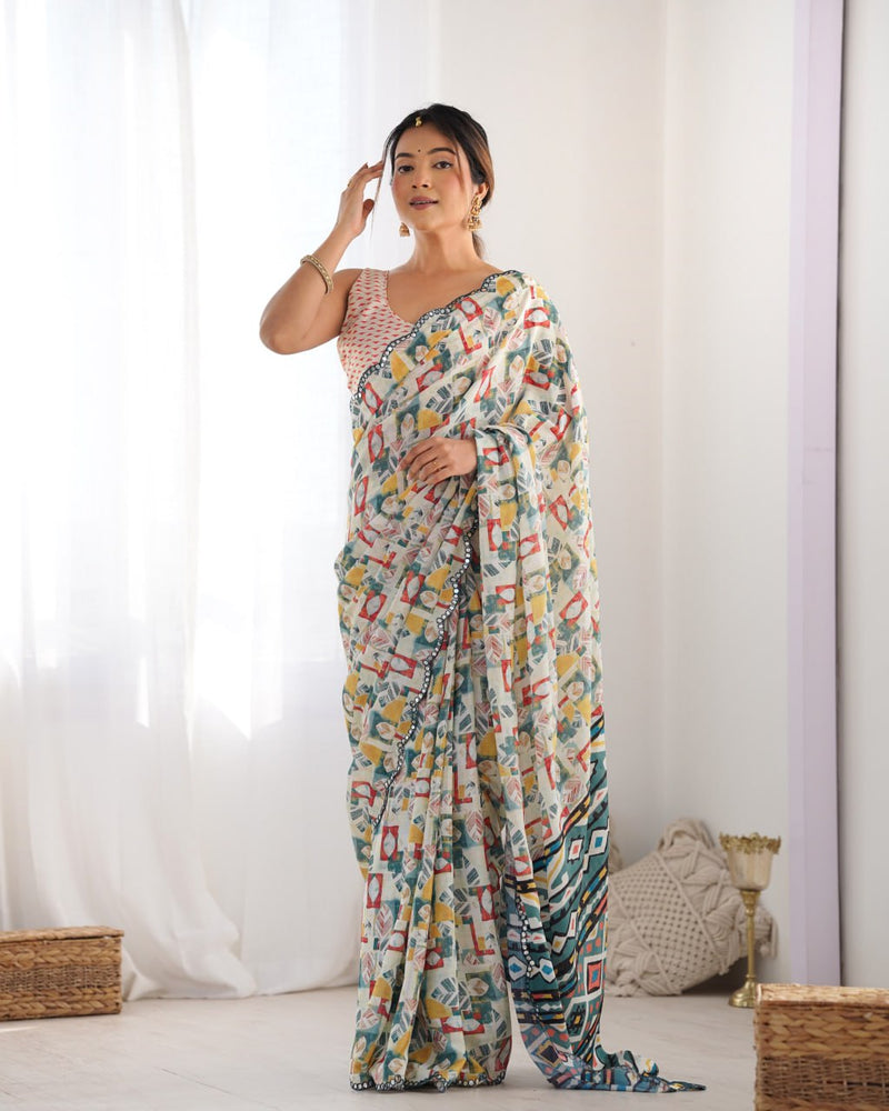 Most Beautiful heavy Chinnon Saree With Printed Design For Women's