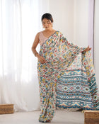 Most Beautiful heavy Chinnon Saree With Printed Design For Women's