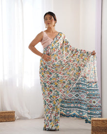 Most Beautiful heavy Chinnon Saree With Printed Design For Women's