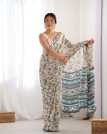 Most Beautiful heavy Chinnon Saree With Printed Design For Women's