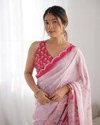 Most Beautiful Heavy Chinnon  Saree With Printed Blouse