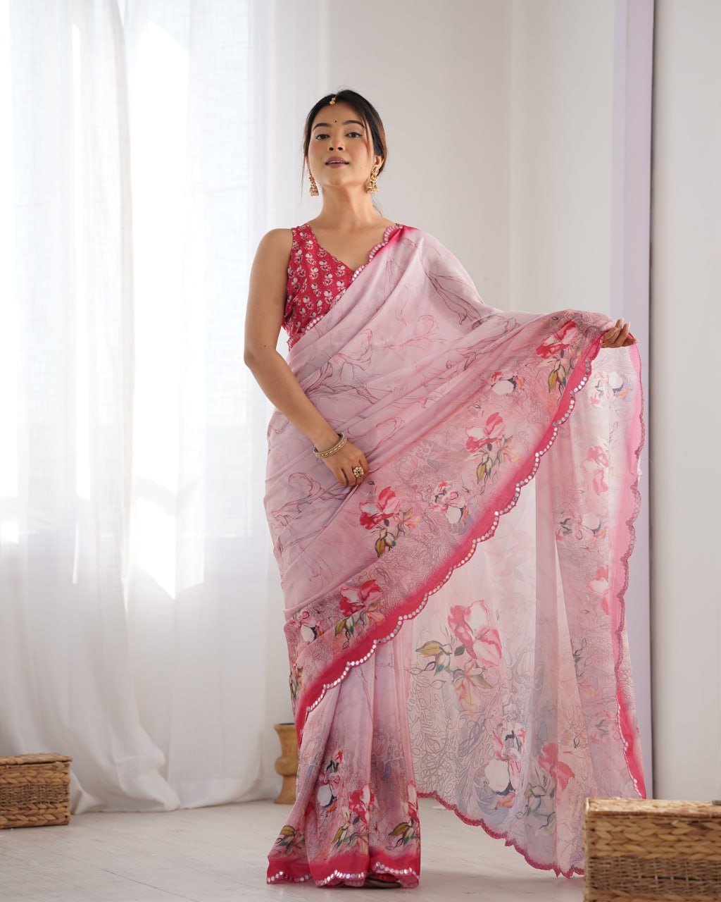 Most Beautiful Heavy Chinnon  Saree With Printed Blouse