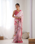 Most Beautiful Heavy Chinnon  Saree With Printed Blouse