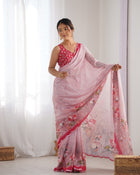 Most Beautiful Heavy Chinnon  Saree With Printed Blouse