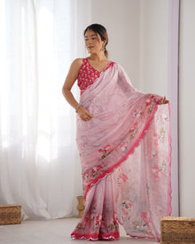 Most Beautiful Heavy Chinnon  Saree With Printed Blouse