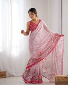 Most Beautiful Heavy Chinnon  Saree With Printed Blouse