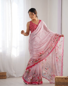 Most Beautiful Heavy Chinnon  Saree With Printed Blouse