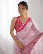 Most Beautiful Heavy Chinnon  Saree With Printed Blouse