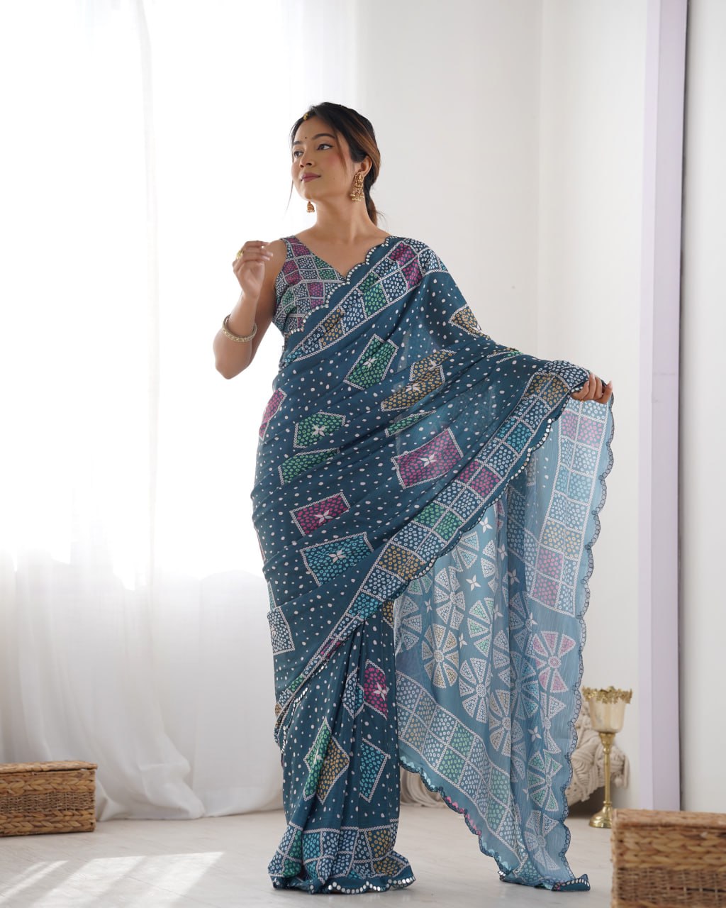 Beautiful Navy Heavy Chinnon Saree Printed Work with Beautiful Kutchi Work Mirror Lace Border