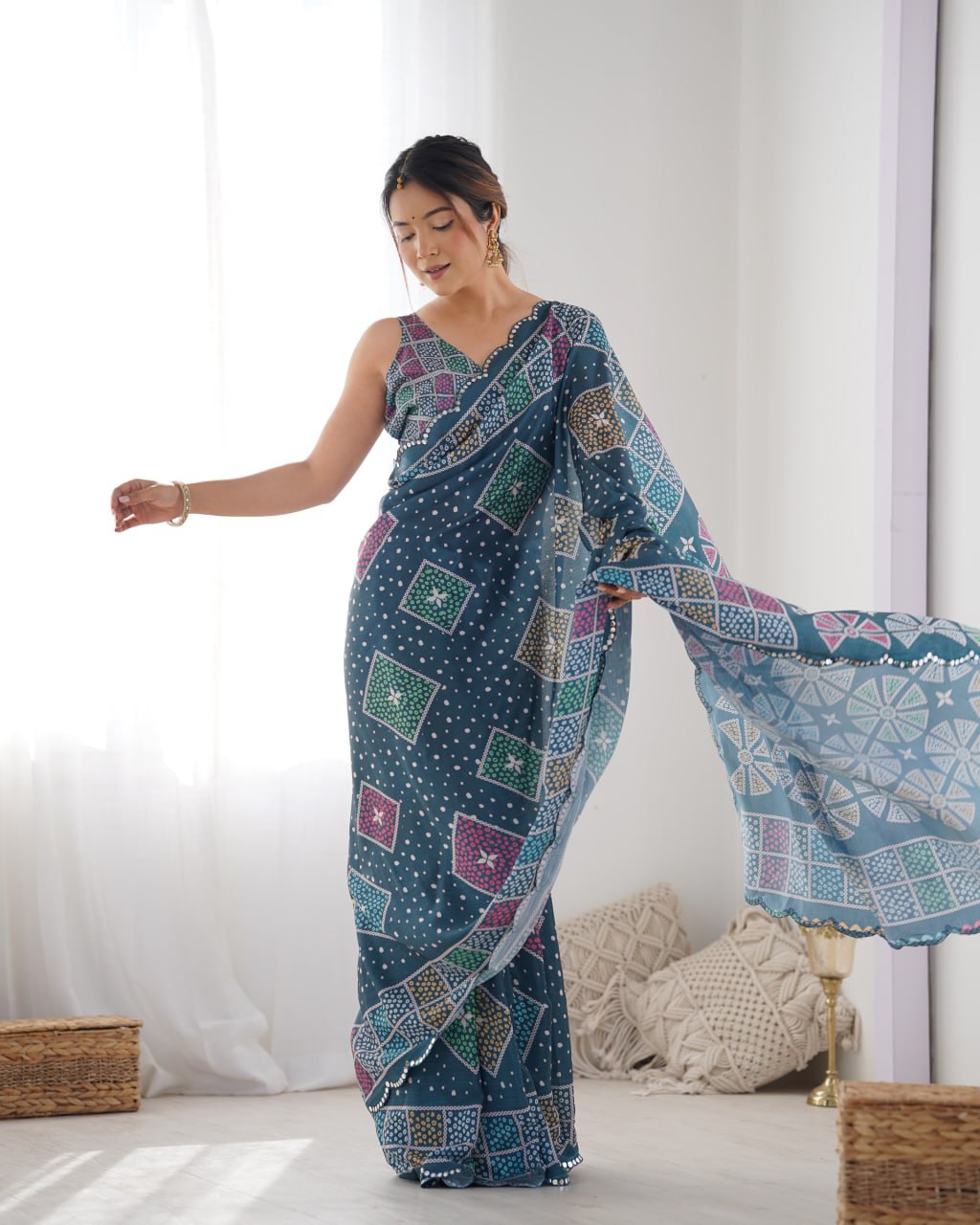 Beautiful Navy Heavy Chinnon Saree Printed Work with Beautiful Kutchi Work Mirror Lace Border