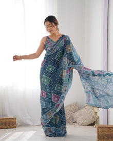 Beautiful Navy Heavy Chinnon Saree Printed Work with Beautiful Kutchi Work Mirror Lace Border