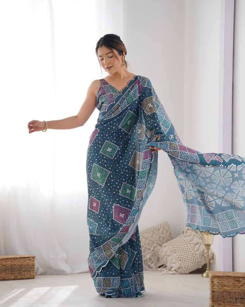 Beautiful Navy Heavy Chinnon Saree Printed Work with Beautiful Kutchi Work Mirror Lace Border