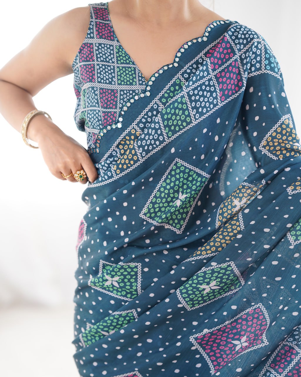 Beautiful Navy Heavy Chinnon Saree Printed Work with Beautiful Kutchi Work Mirror Lace Border