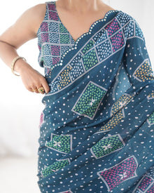 Beautiful Navy Heavy Chinnon Saree Printed Work with Beautiful Kutchi Work Mirror Lace Border