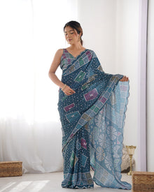 Beautiful Navy Heavy Chinnon Saree Printed Work with Beautiful Kutchi Work Mirror Lace Border