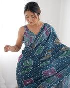 Beautiful Navy Heavy Chinnon Saree Printed Work with Beautiful Kutchi Work Mirror Lace Border