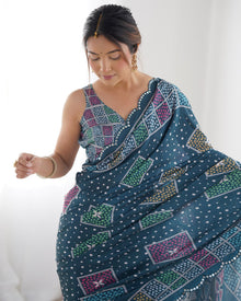 Beautiful Navy Heavy Chinnon Saree Printed Work with Beautiful Kutchi Work Mirror Lace Border