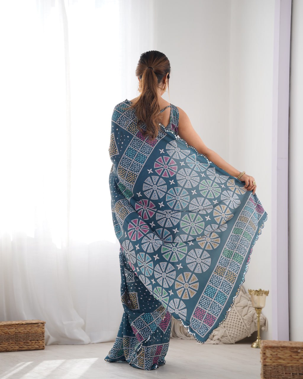 Beautiful Navy Heavy Chinnon Saree Printed Work with Beautiful Kutchi Work Mirror Lace Border