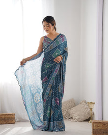 Beautiful Navy Heavy Chinnon Saree Printed Work with Beautiful Kutchi Work Mirror Lace Border
