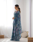 Beautiful Navy Heavy Chinnon Saree Printed Work with Beautiful Kutchi Work Mirror Lace Border