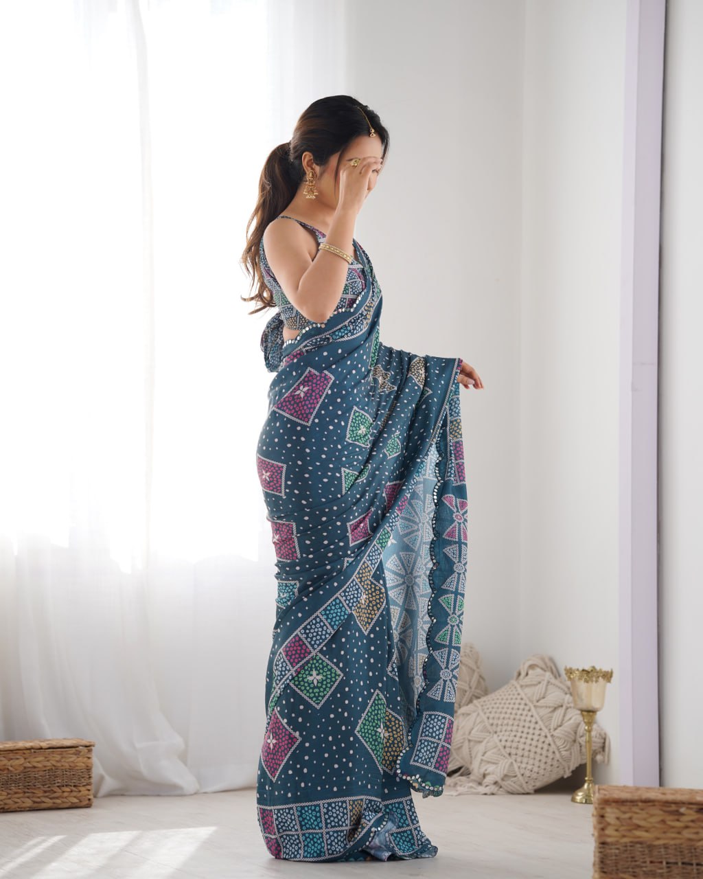 Beautiful Navy Heavy Chinnon Saree Printed Work with Beautiful Kutchi Work Mirror Lace Border