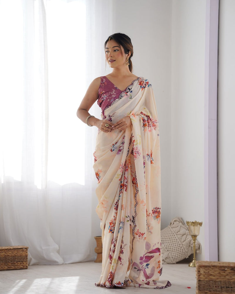 Most Beautiful and Amazing Off-White Heavy Chinnon Saree