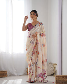 Most Beautiful and Amazing Off-White Heavy Chinnon Saree