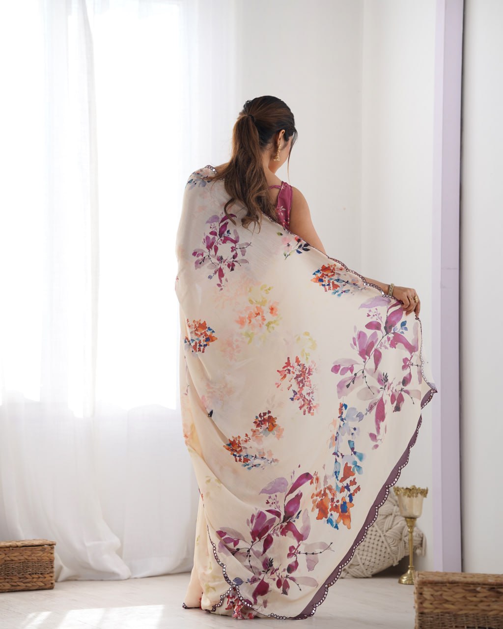 Most Beautiful and Amazing Off-White Heavy Chinnon Saree