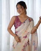 Most Beautiful and Amazing Off-White Heavy Chinnon Saree