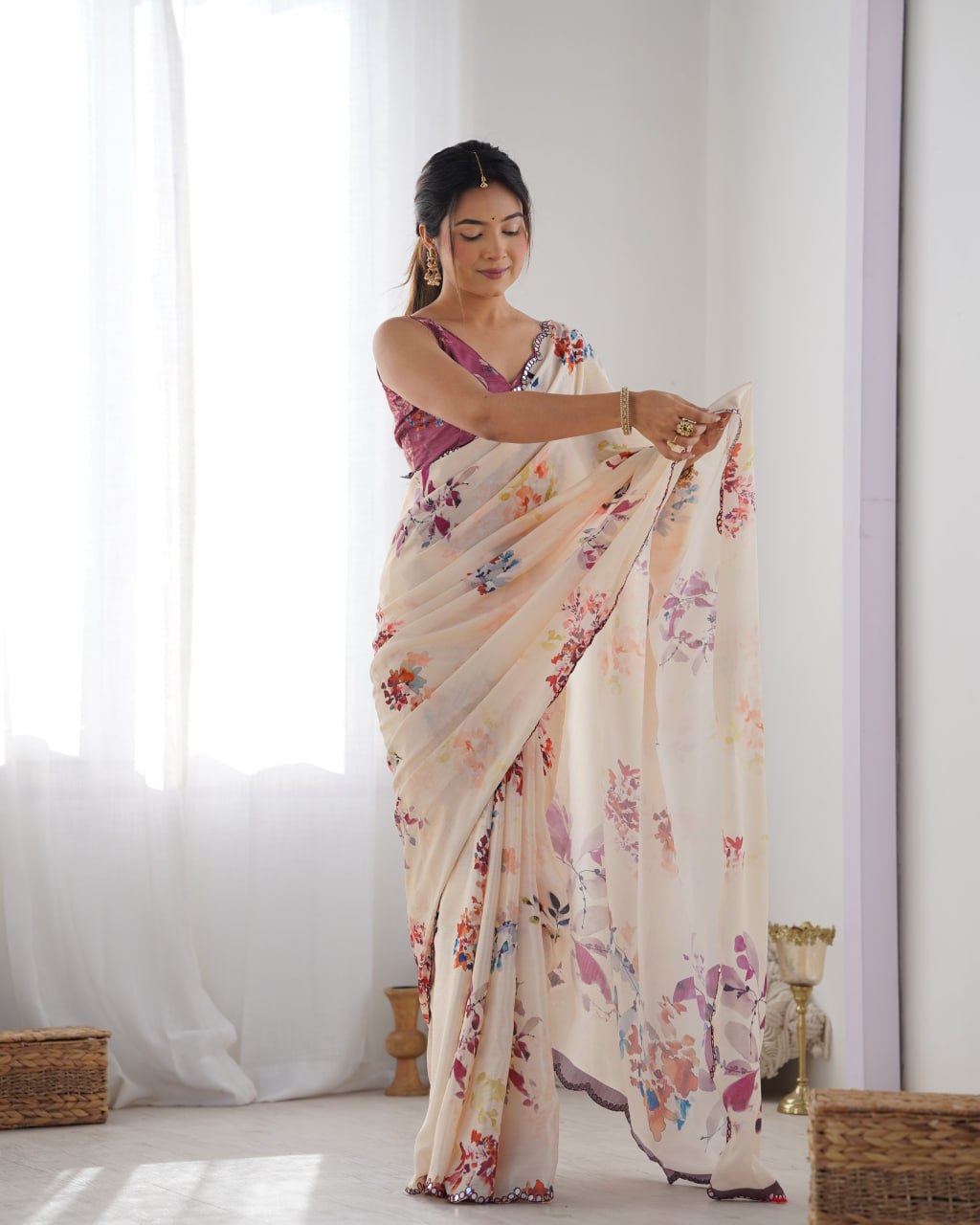 Most Beautiful and Amazing Off-White Heavy Chinnon Saree