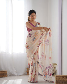 Most Beautiful and Amazing Off-White Heavy Chinnon Saree