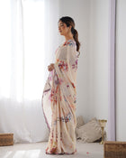 Most Beautiful and Amazing Off-White Heavy Chinnon Saree
