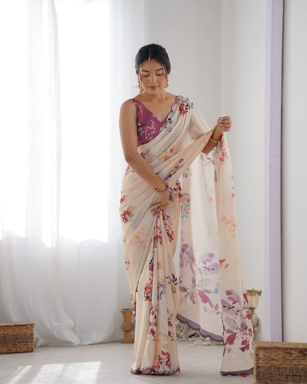 Most Beautiful and Amazing Off-White Heavy Chinnon Saree