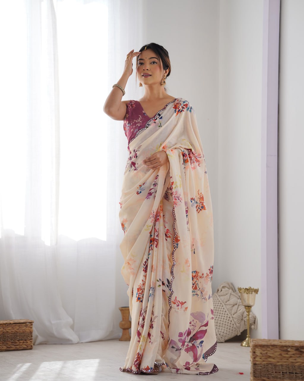 Most Beautiful and Amazing Off-White Heavy Chinnon Saree
